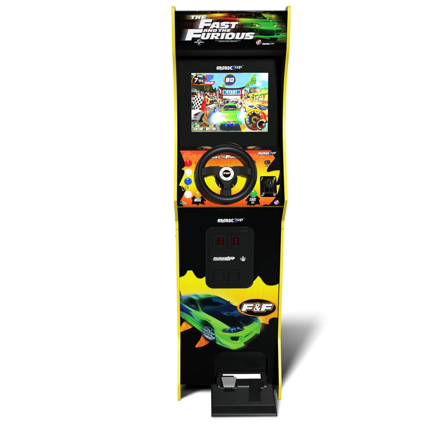 Arcade1Up Fast and Furious Deluxe racing arcade machine with steering wheel and pedals