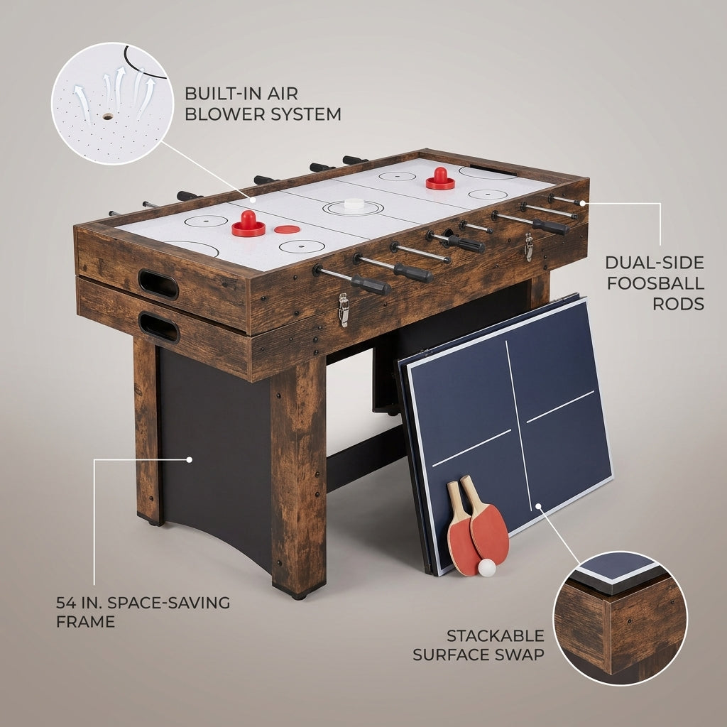 3-In-1 Combo Game Table Set, 54 In. Air Hockey Table, Multi Combination Table with Air Hockey, Ping Pong, Foosball — infographic