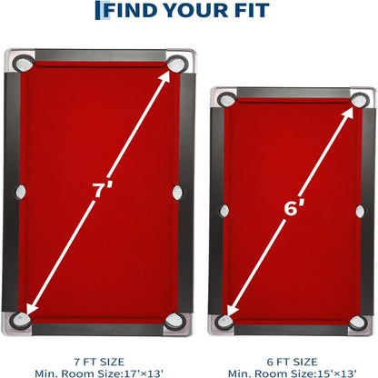 six-foot red foldable pool table with billiard balls, cues and accessories