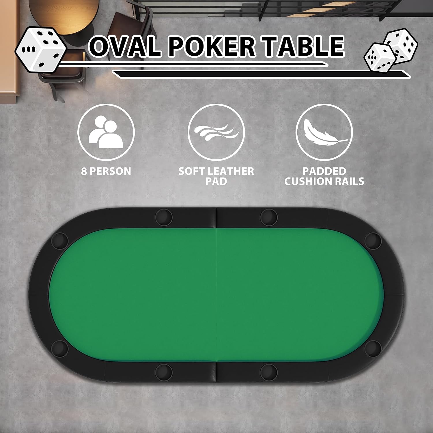 green eight-player foldable oval poker table with padded rail and cupholders