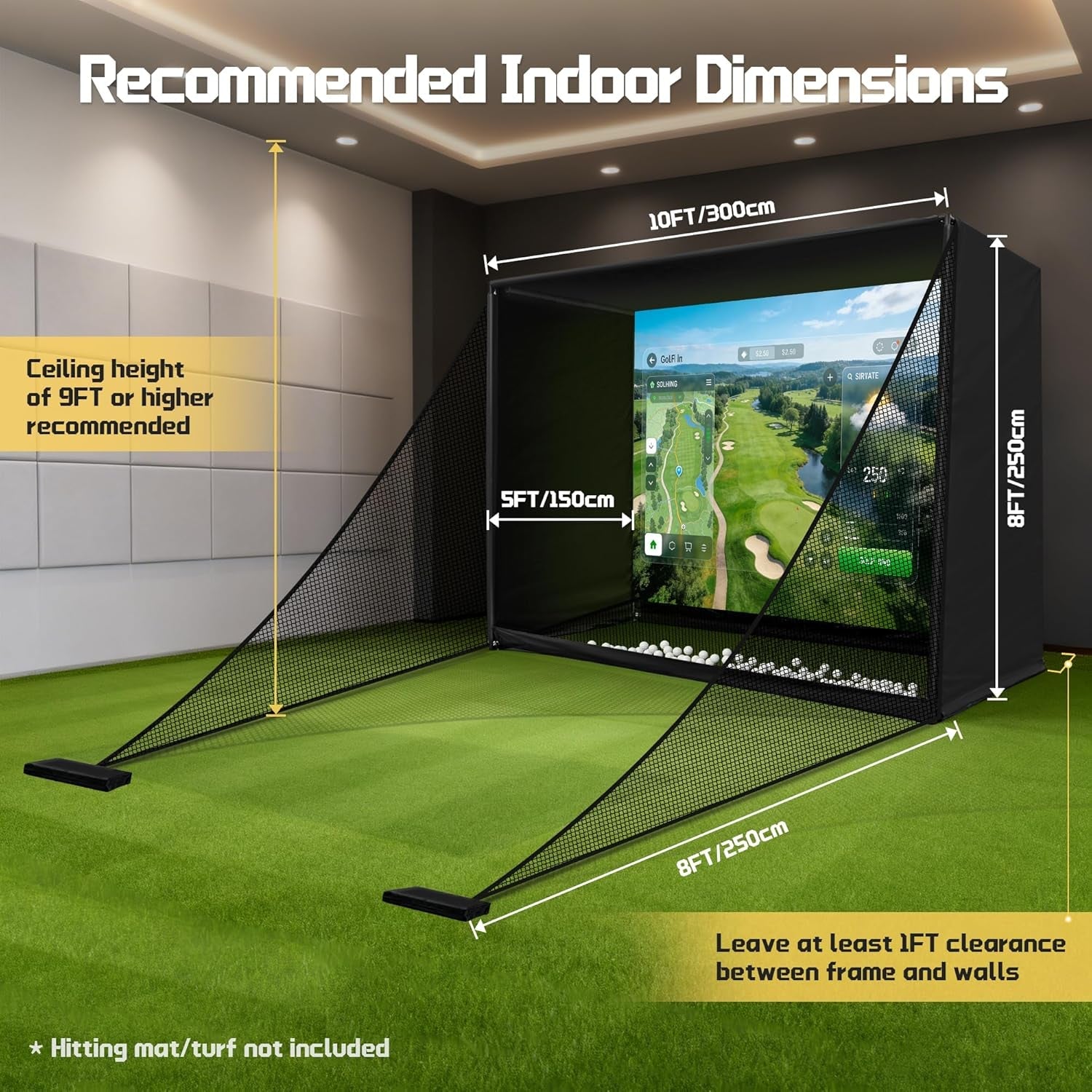 10 by 8 foot golf simulator enclosure with HD impact screen and foam-padded frame