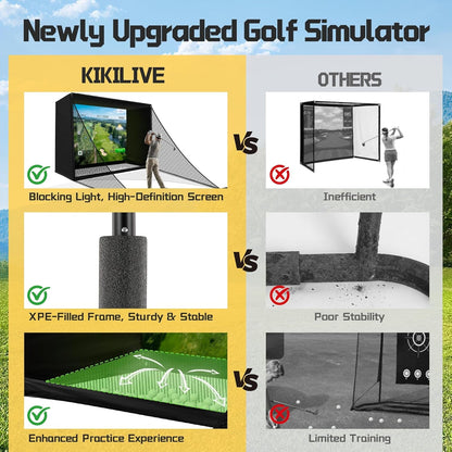 10 by 8 foot golf simulator enclosure with HD impact screen and foam-padded frame