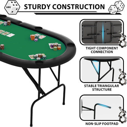 green eight-player foldable oval poker table with padded rail and cupholders