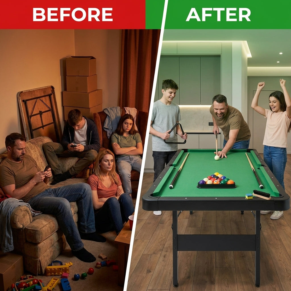 65.75 In. Green Portable Pool Table Game Billiard Table - Includes Full Set of Balls 1 Brush 1 Triangle Rack 2 Chalk — Before & After