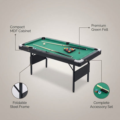 65.75 In. Green Portable Pool Table Game Billiard Table - Includes Full Set of Balls 1 Brush 1 Triangle Rack 2 Chalk — infographic