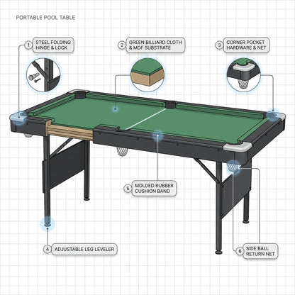 65.75 In. Green Portable Pool Table Game Billiard Table - Includes Full Set of Balls 1 Brush 1 Triangle Rack 2 Chalk — How It Works