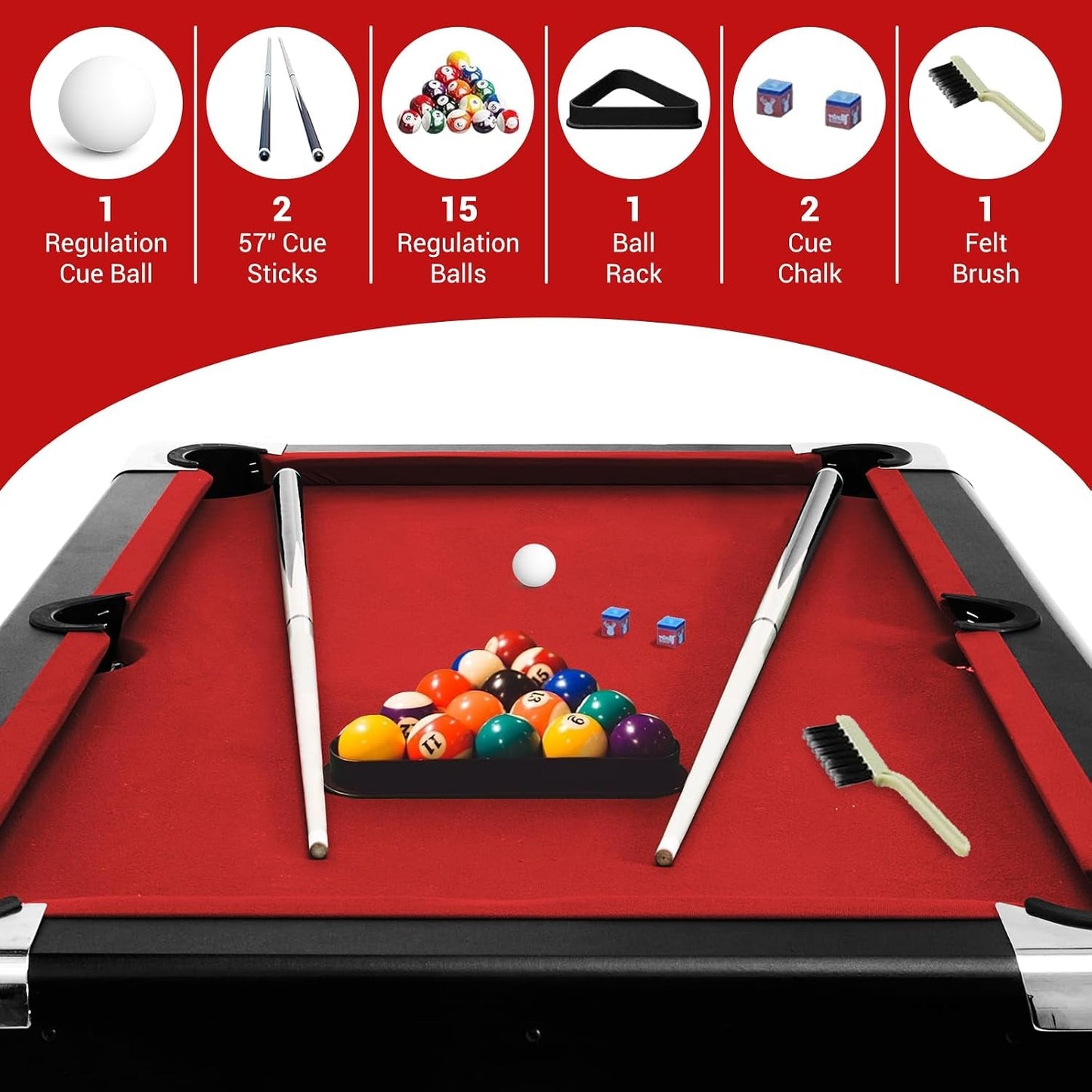 six-foot red foldable pool table with billiard balls, cues and accessories
