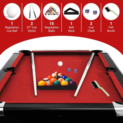six-foot red foldable pool table with billiard balls, cues and accessories