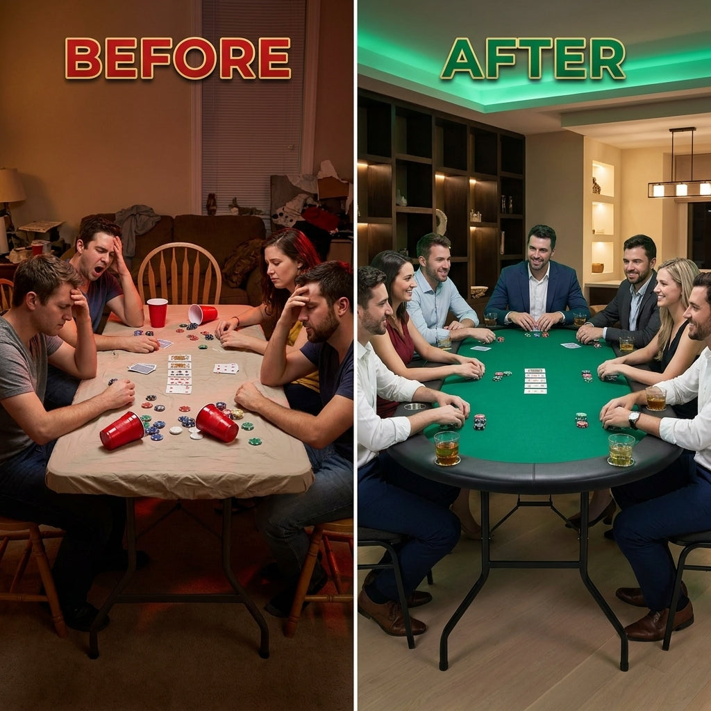 8 Player Oval Foldable Poker Tables, Casino Style Card Table with 8 Cup Holders & Non-Slip Feet, Portable Game Table for Texas Holdem, Blackjack & Dominoes, Perfect for Living Room (Green) — Before & After