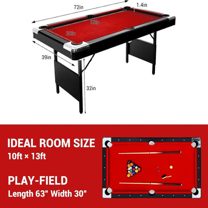 six-foot red foldable pool table with billiard balls, cues and accessories