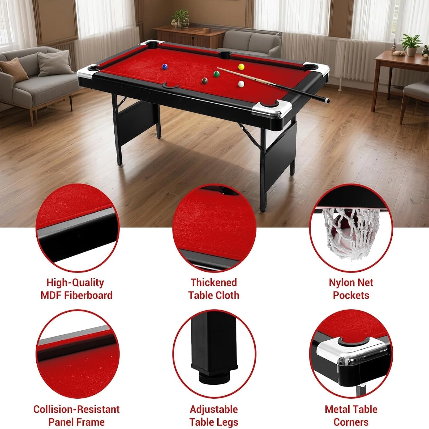 six-foot red foldable pool table with billiard balls, cues and accessories