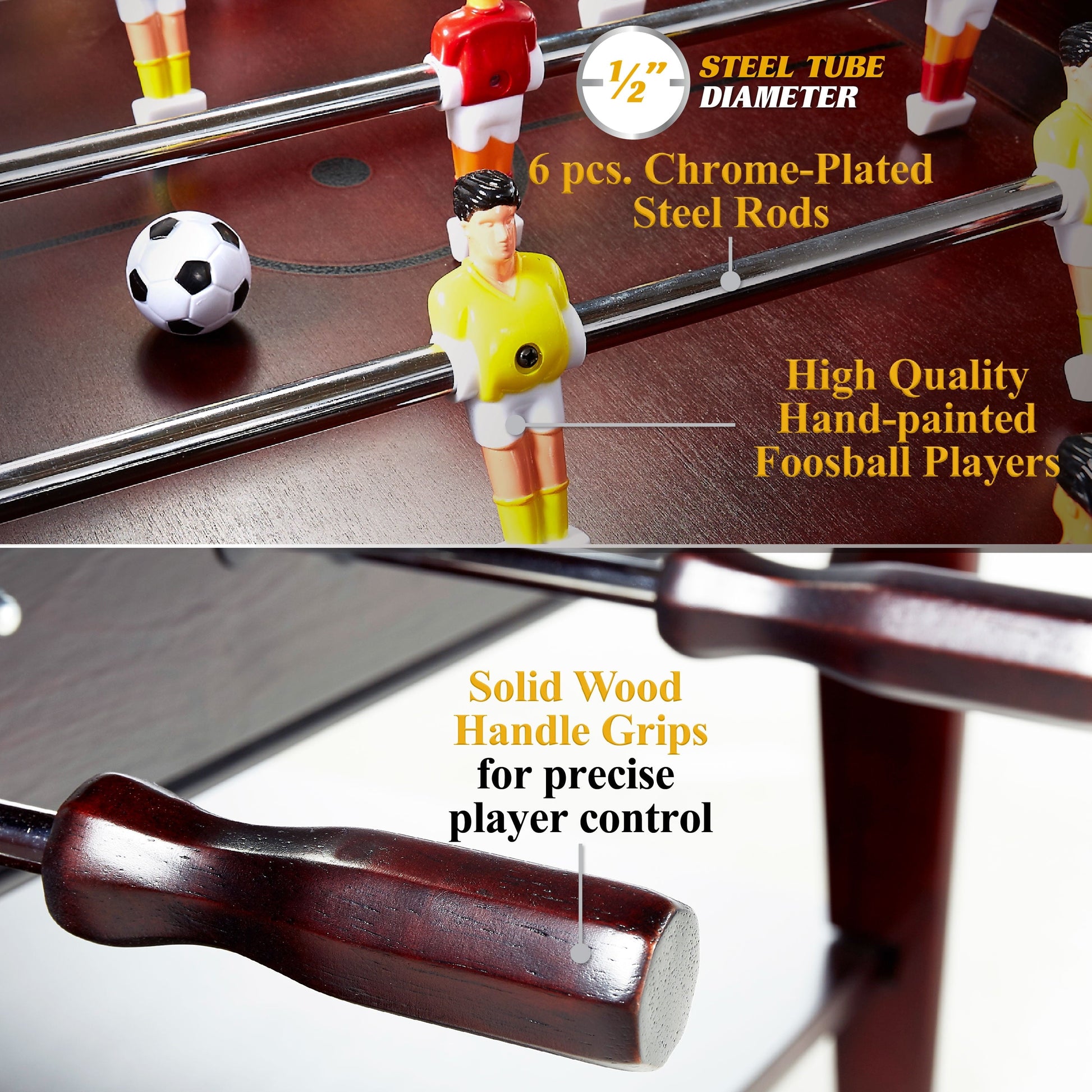 Barrington 42-inch brown foosball coffee table with tempered glass top and lower storage shelf