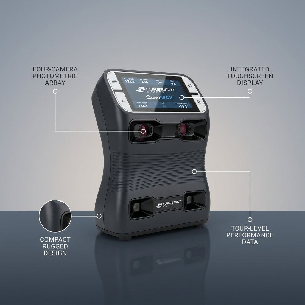 Golf Launch Monitor Built to Maximize Performance, Four-Camera Photometric Technology, Touchscreen Display — infographic