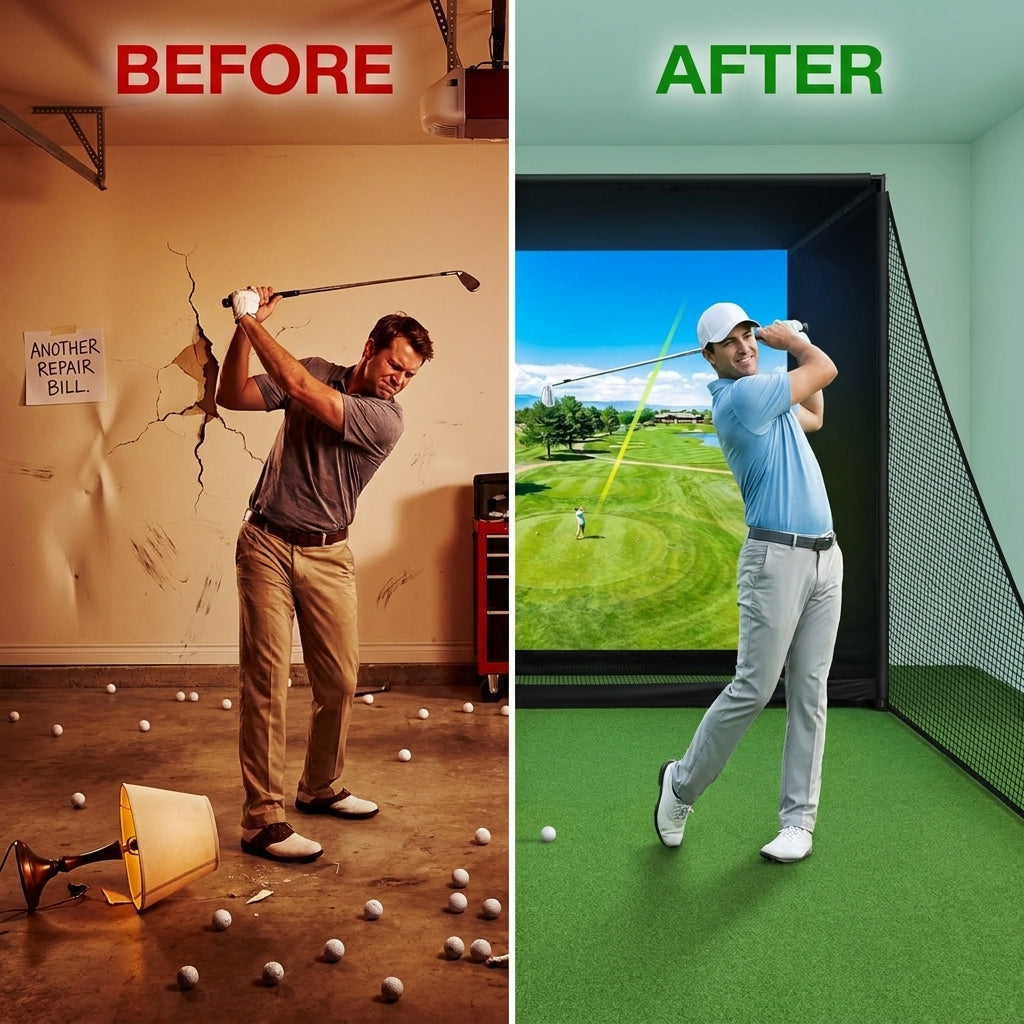 Golf Simulator Enclosure Net 10X8Ft Golf Practice Simulator with HD Impact Screen Kit & Sturdy EPE Foam-Filled Frame Golfs Cage Net with Safety Side Nets for Home Indoor Setup — Before & After