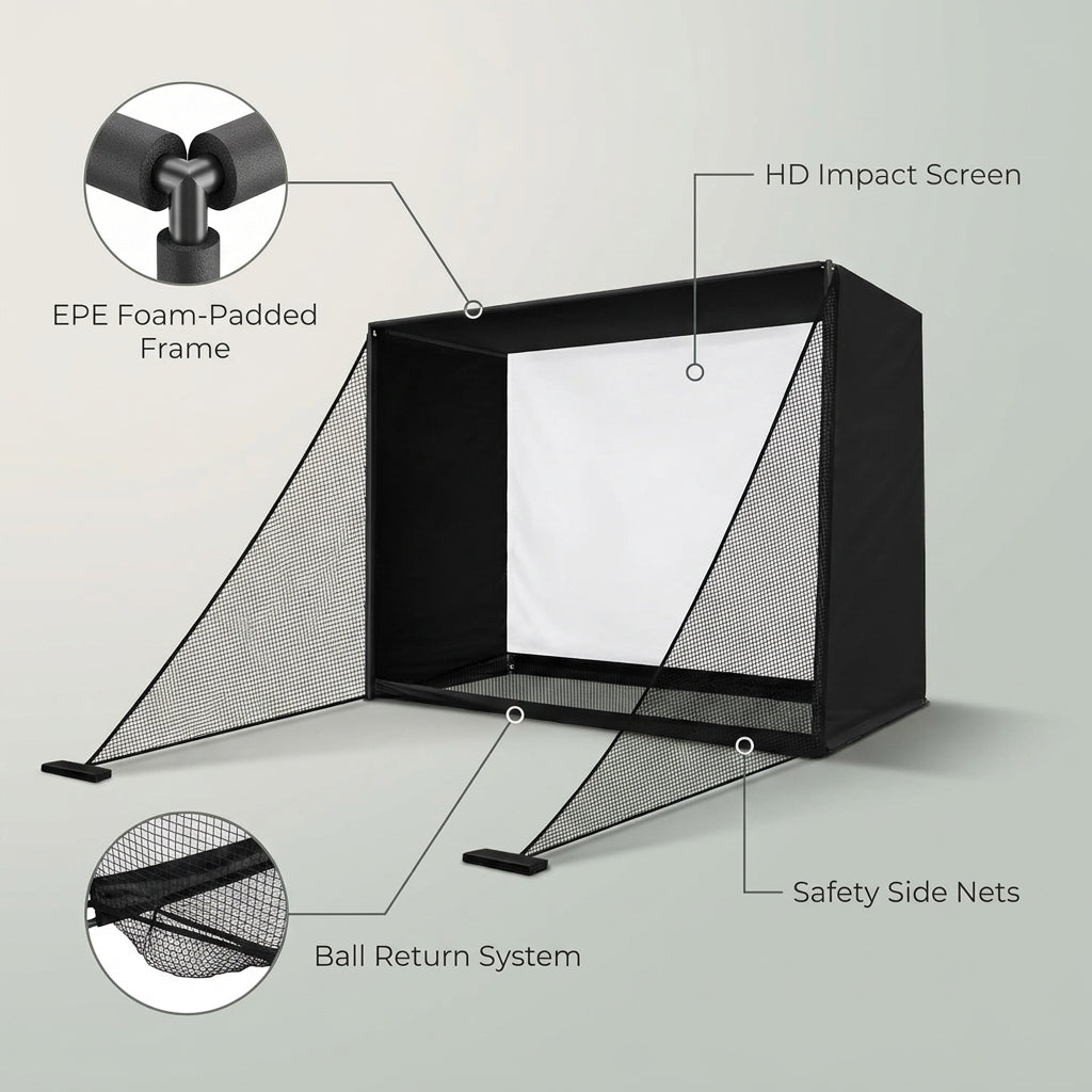 Golf Simulator Enclosure Net 10X8Ft Golf Practice Simulator with HD Impact Screen Kit & Sturdy EPE Foam-Filled Frame Golfs Cage Net with Safety Side Nets for Home Indoor Setup — infographic