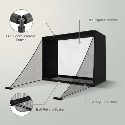 Golf Simulator Enclosure Net 10X8Ft Golf Practice Simulator with HD Impact Screen Kit & Sturdy EPE Foam-Filled Frame Golfs Cage Net with Safety Side Nets for Home Indoor Setup — infographic