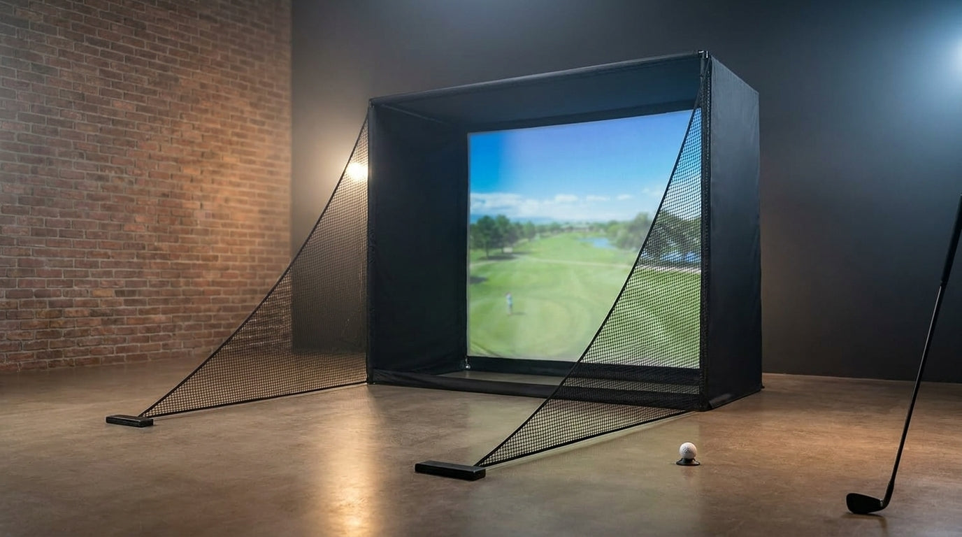 Golf Simulator Enclosure Net 10X8Ft Golf Practice Simulator with HD Impact Screen Kit & Sturdy EPE Foam-Filled Frame Golfs Cage Net with Safety Side Nets for Home Indoor Setup — Lifestyle