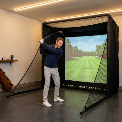 Golf Simulator Enclosure Net 10X8Ft Golf Practice Simulator with HD Impact Screen Kit & Sturdy EPE Foam-Filled Frame Golfs Cage Net with Safety Side Nets for Home Indoor Setup — Lifestyle