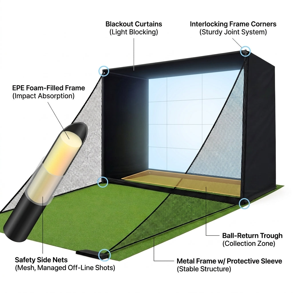 Golf Simulator Enclosure Net 10X8Ft Golf Practice Simulator with HD Impact Screen Kit & Sturdy EPE Foam-Filled Frame Golfs Cage Net with Safety Side Nets for Home Indoor Setup — How It Works