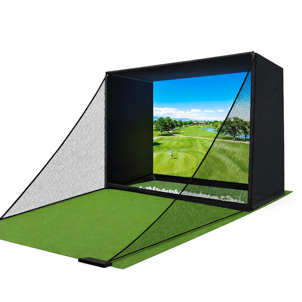 10 by 8 foot golf simulator enclosure with HD impact screen and foam-padded frame