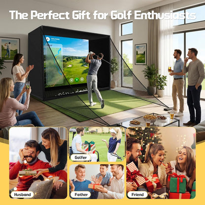 10 by 8 foot golf simulator enclosure with HD impact screen and foam-padded frame