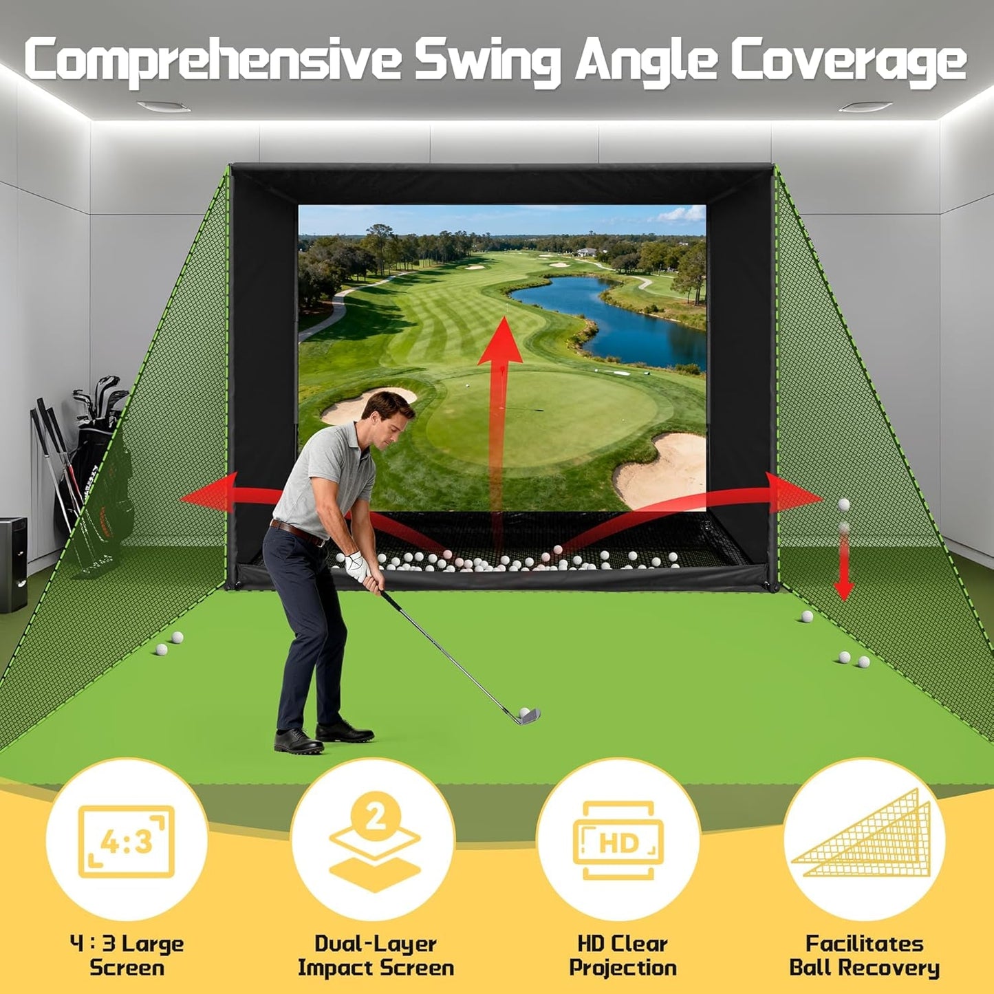 10 by 8 foot golf simulator enclosure with HD impact screen and foam-padded frame
