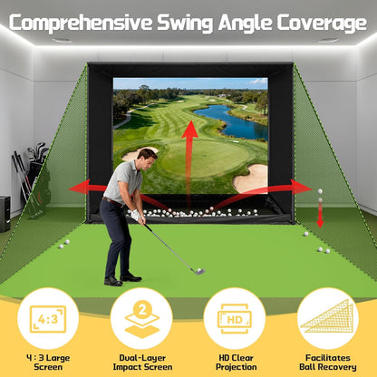 10 by 8 foot golf simulator enclosure with HD impact screen and foam-padded frame