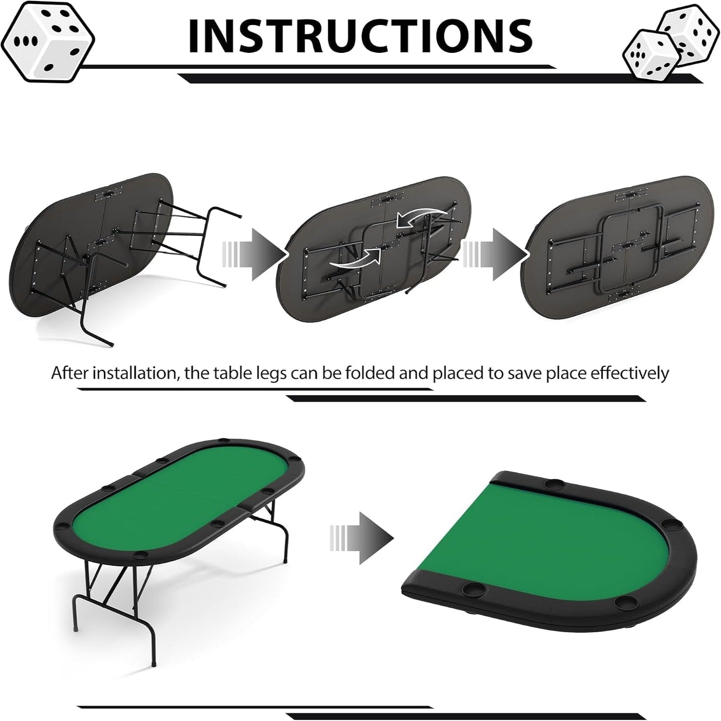 green eight-player foldable oval poker table with padded rail and cupholders