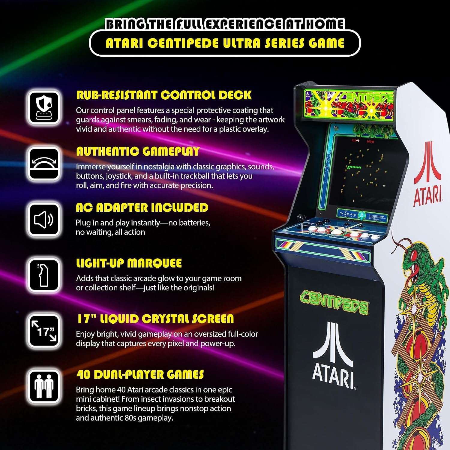 Atari Centipede Ultra Series arcade machine with 17-inch screen and classic trackball controls