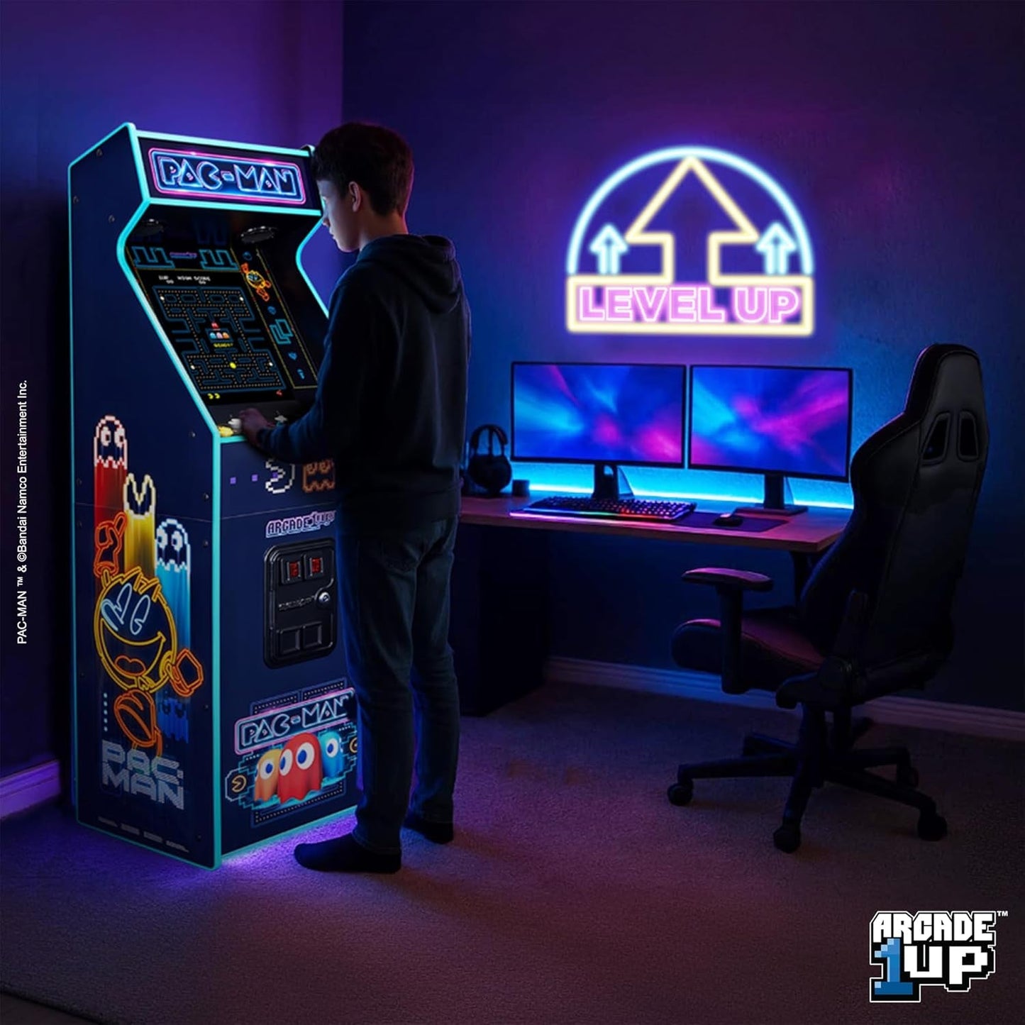 Arcade1Up PAC-MAN Deluxe Neon arcade machine with 17-inch screen and RGB lighting