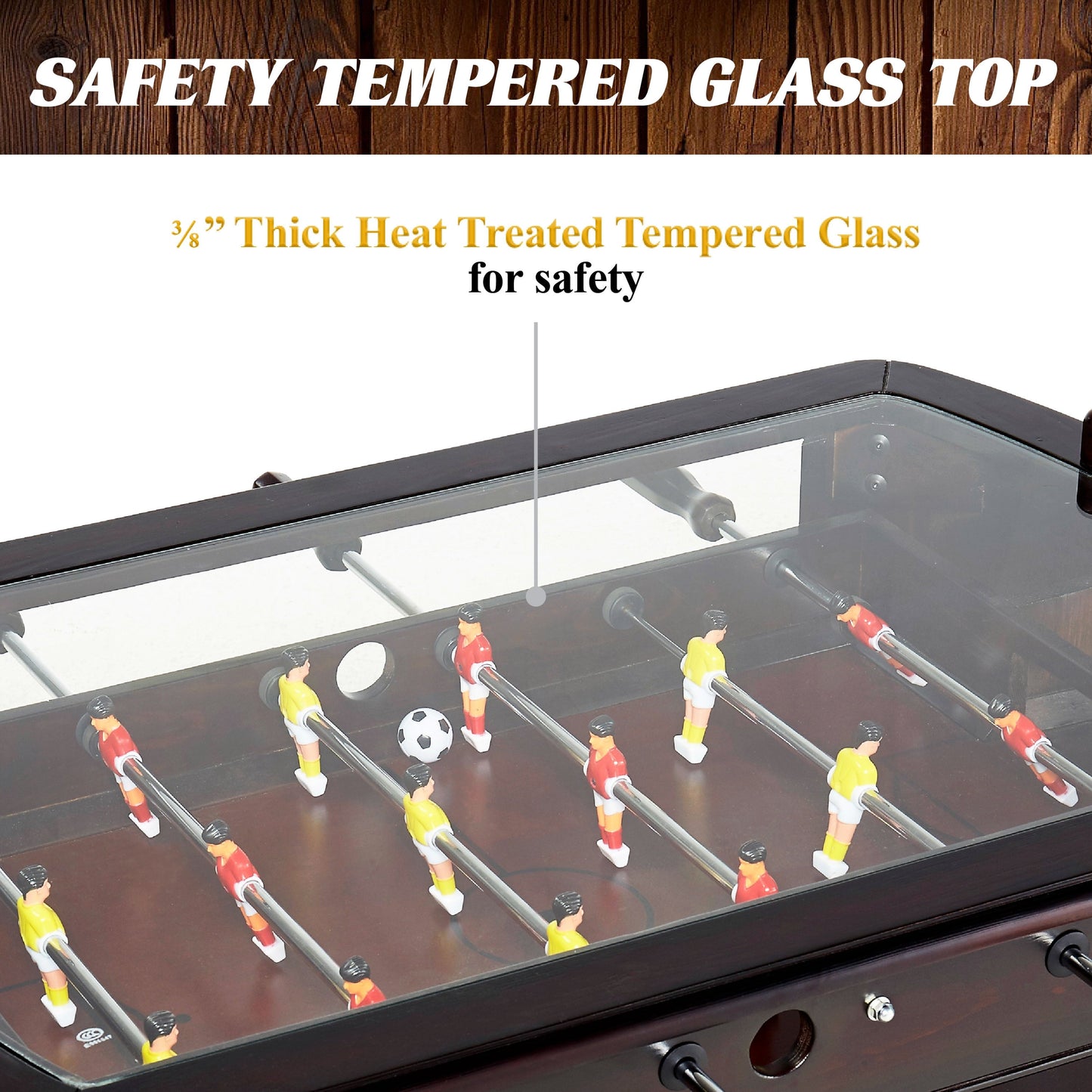 Barrington 42-inch brown foosball coffee table with tempered glass top and lower storage shelf