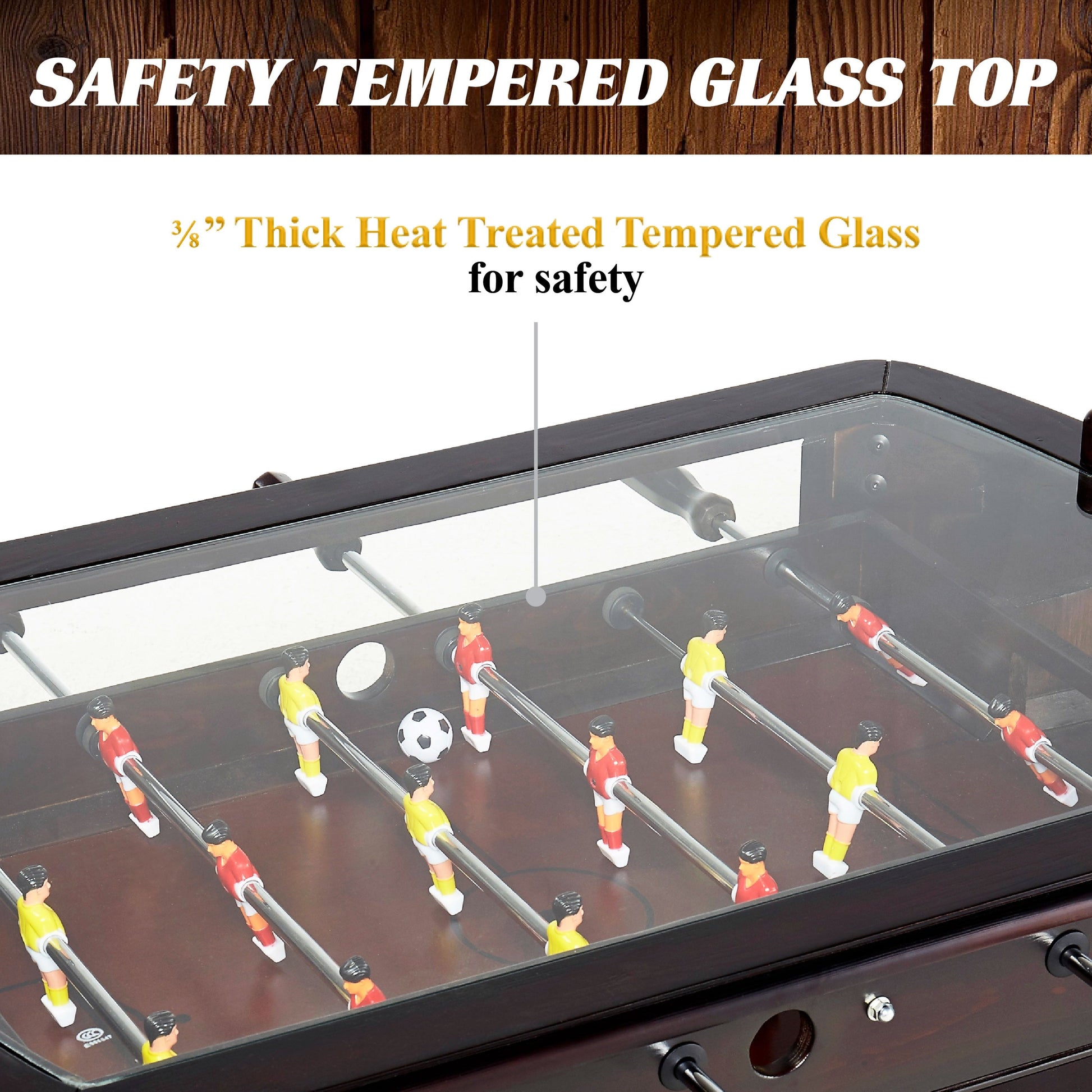 Barrington 42-inch brown foosball coffee table with tempered glass top and lower storage shelf