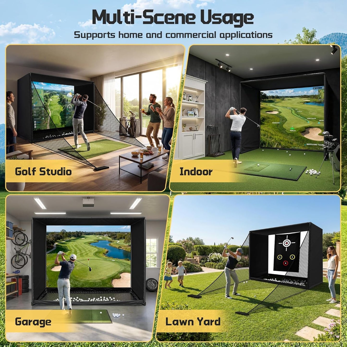 10 by 8 foot golf simulator enclosure with HD impact screen and foam-padded frame