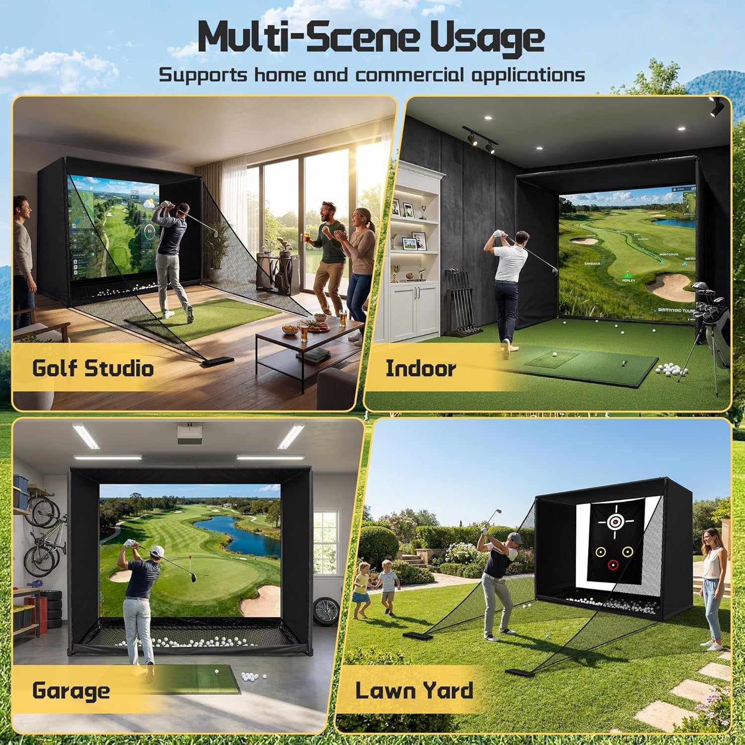 10 by 8 foot golf simulator enclosure with HD impact screen and foam-padded frame