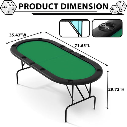 green eight-player foldable oval poker table with padded rail and cupholders