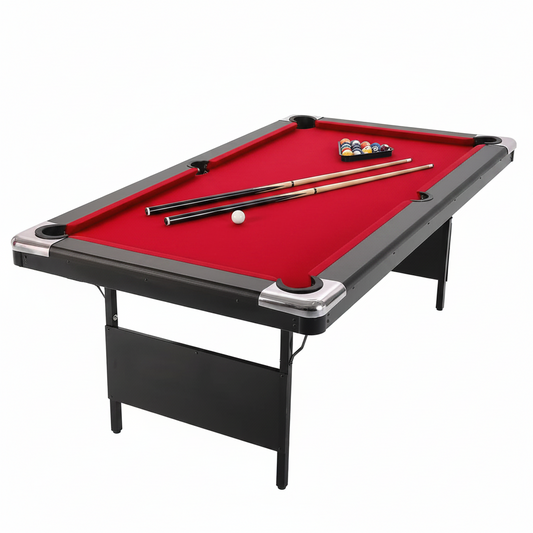 six-foot red foldable pool table with billiard balls, cues and accessories