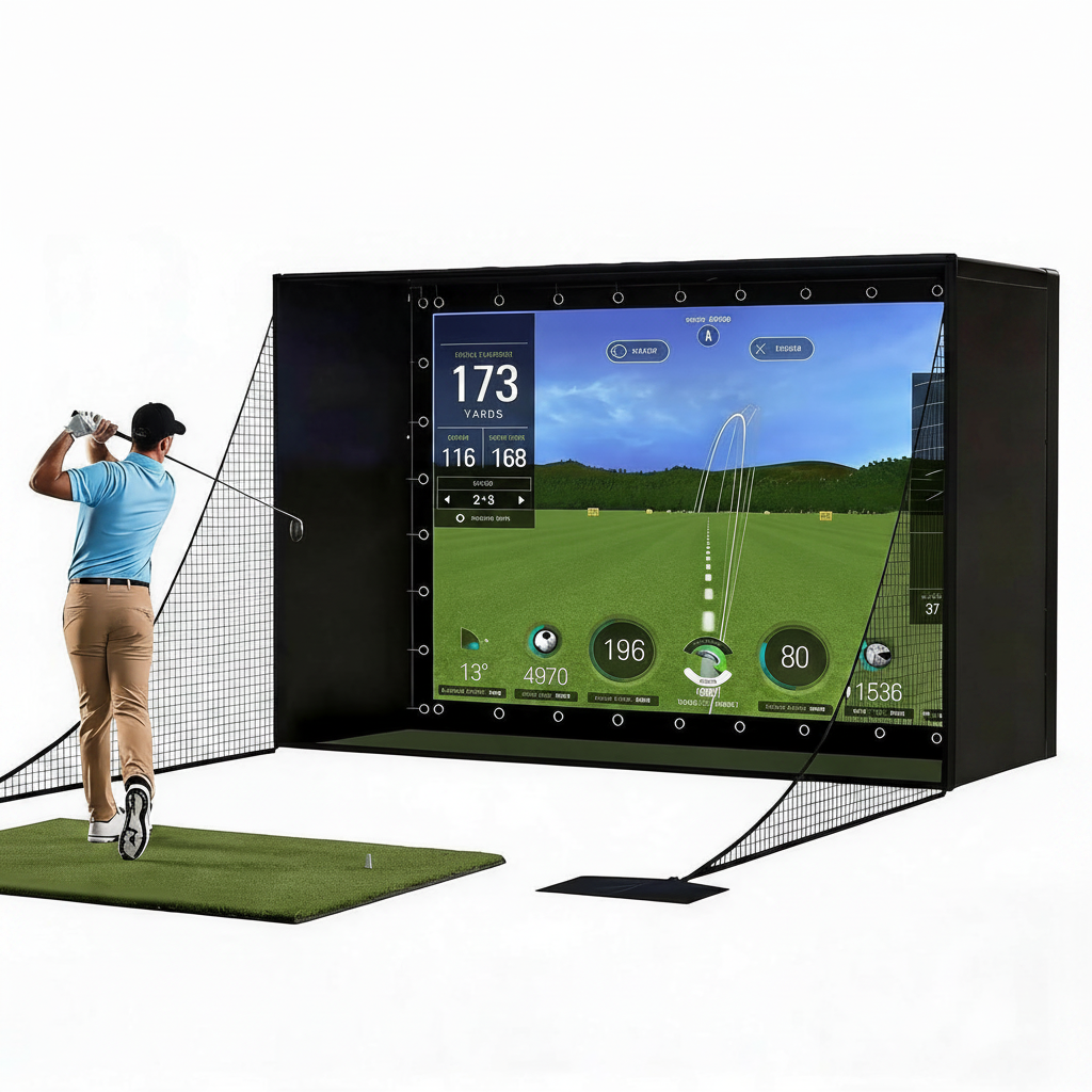 11 by 8 foot golf simulator enclosure with impact screen, blackout cage and safety side nets