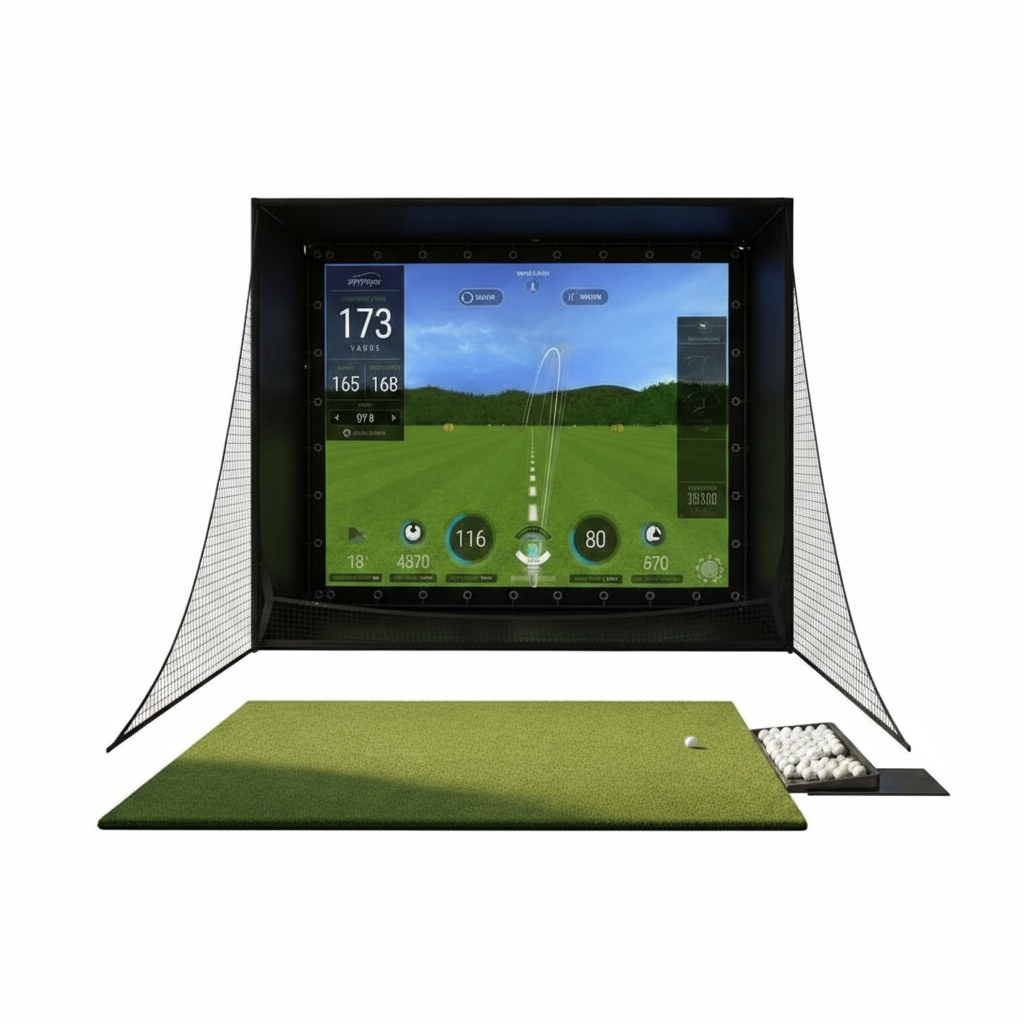 11 by 8 foot golf simulator enclosure with impact screen, blackout cage and safety side nets