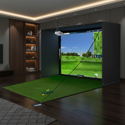 complete golf simulator enclosure with 4K-ready impact screen, projector mount and side nets