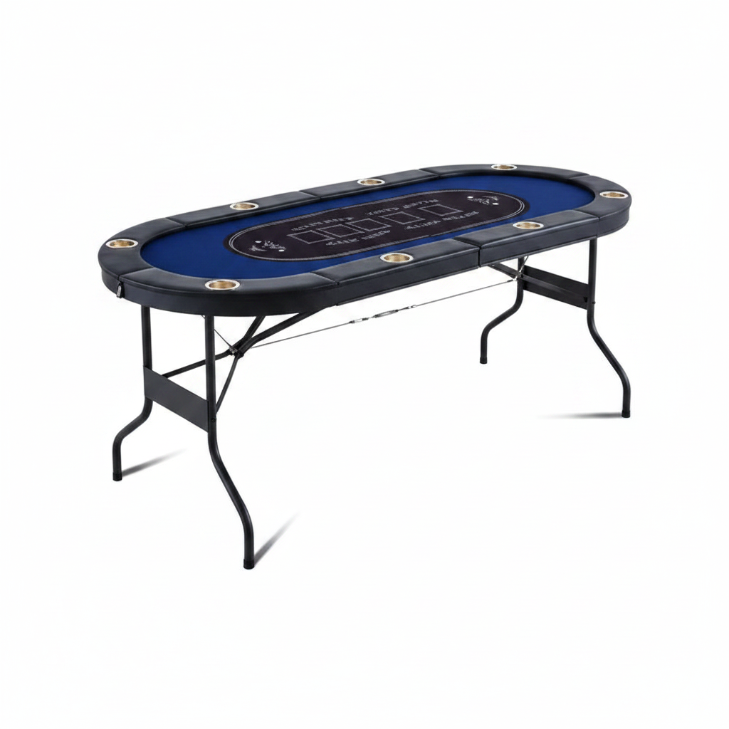 72-inch blue foldable poker table with padded rail and eight stainless-steel cupholders