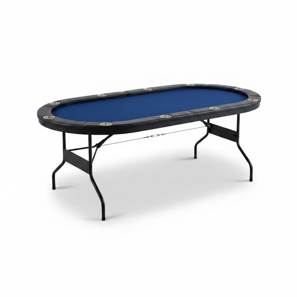 84-inch blue foldable poker table with padded rail and ten stainless-steel cupholders
