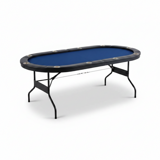 84-inch blue foldable poker table with padded rail and ten stainless-steel cupholders