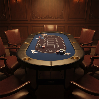 72-inch blue foldable poker table with padded rail and eight stainless-steel cupholders