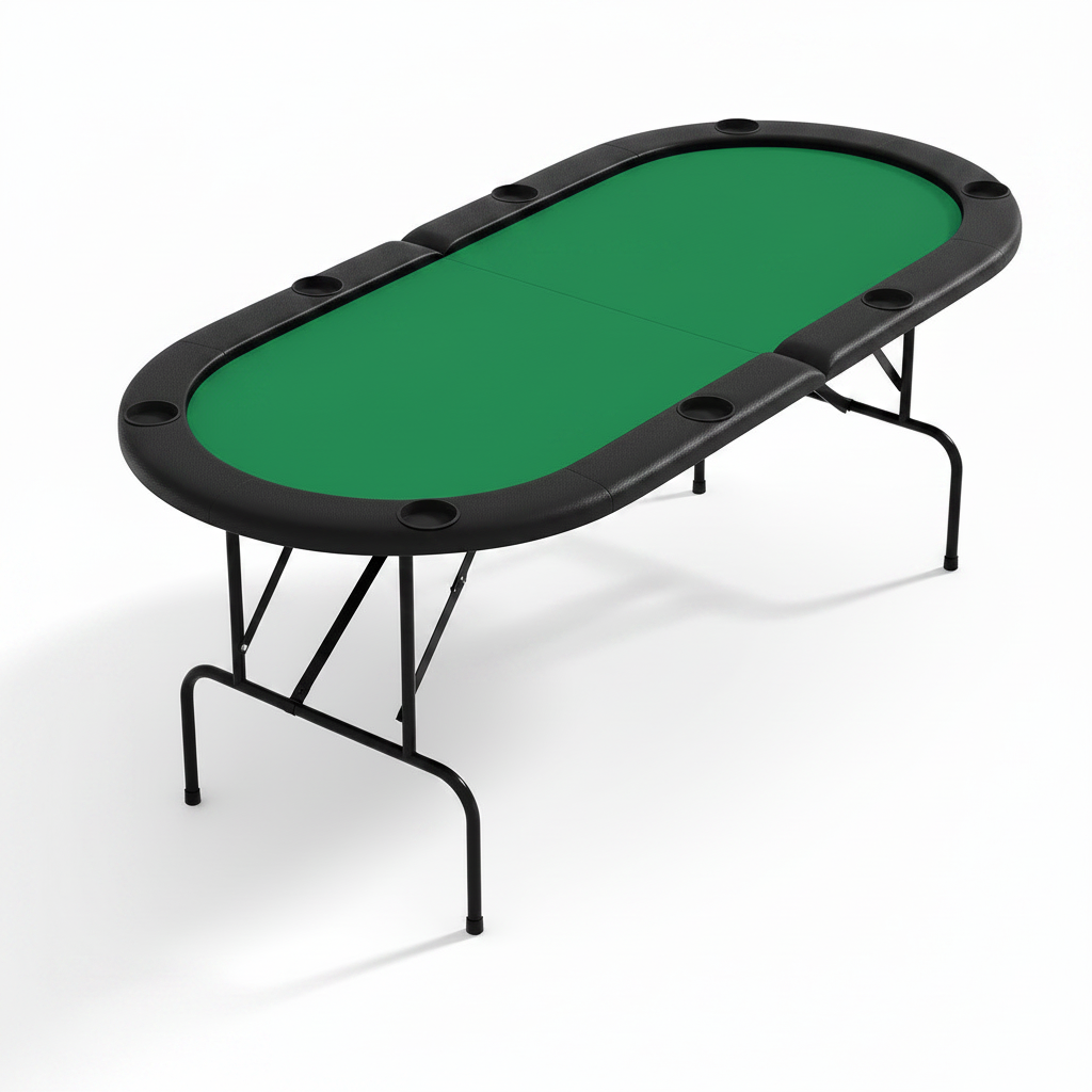 green eight-player foldable oval poker table with padded rail and cupholders